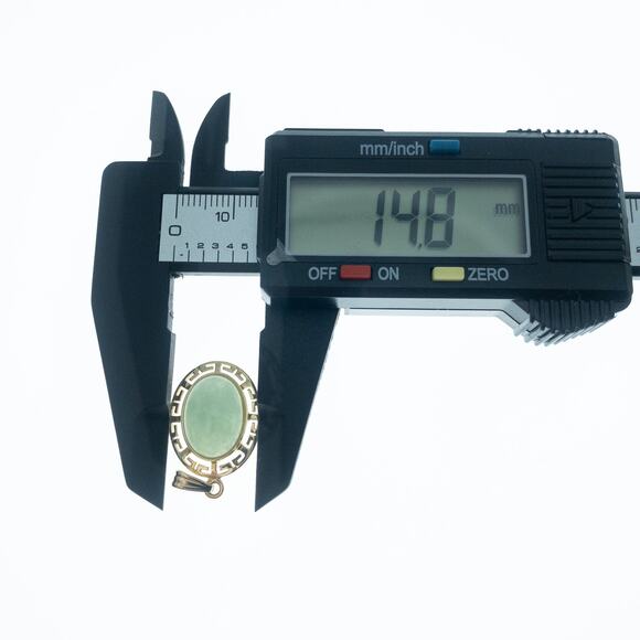 14K Yellow Gold Green Jade Cabachon Pendant Greek Key 3 grams - Picture 9 of 13